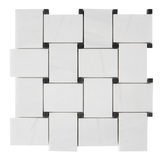 Bianco Dolomite Polished Marble Large Basketweave Mosaic Tile with Black Dots Sample