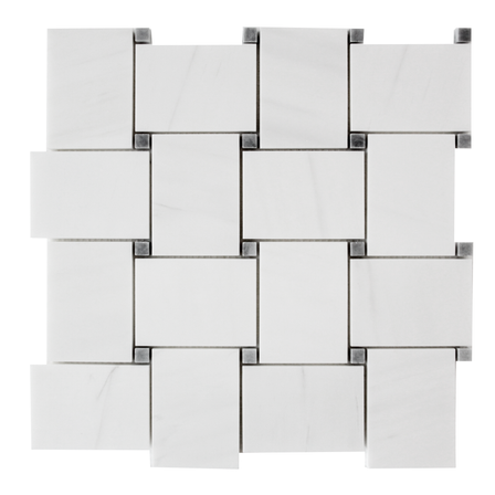 Dolomiti White Marble Italian Bianco Dolomite Large Basketweave Mosaic Tile with Bardiglio Gray Dots Polished