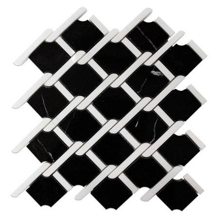 Nero Marquina Black Marble Rope Design with Bianco Dolomite White Strips Mosaic Tile Polished Sample