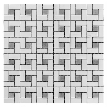 Bianco Dolomite Marble Target Pinwheel Mosaic Tile with Bardiglio Gray Dots Polished