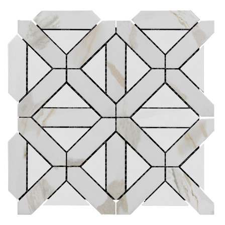 Calacatta Gold Italian Marble Geometrica Mosaic Tile with Bianco Dolomite Triangles Polished