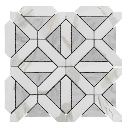 Calacatta Gold Italian Marble with Carrara White Triangles Geometrica Mosaic Tile Honed Sample