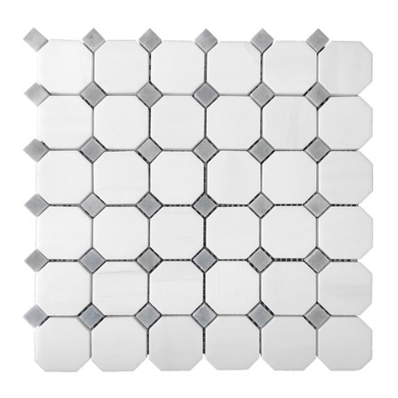 Bianco Dolomite Marble Octagon with Bardiglio Dots Mosaic Tile Polished