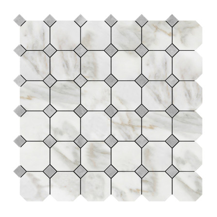 Calacatta Gold Marble Octagon with Bardiglio Dots Mosaic Tile Polished Sample