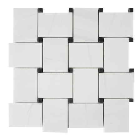 Dolomiti White Marble Italian Bianco Dolomite Large Basketweave Mosaic Tile with Nero Marquina Black  Dots Polished