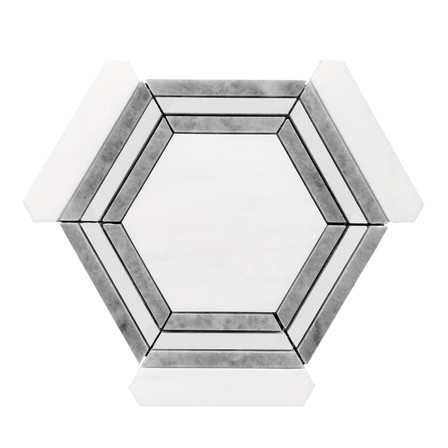 Bianco Dolomite Marble Georama Hexagon with Bardiglio Gray Strips Mosaic Tile Polished