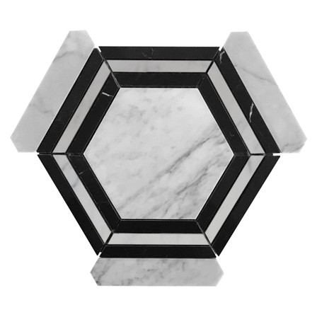 Carrara White Italian Polished Marble Hexagon with Nero Marquina Black Strips Mosaic Tile