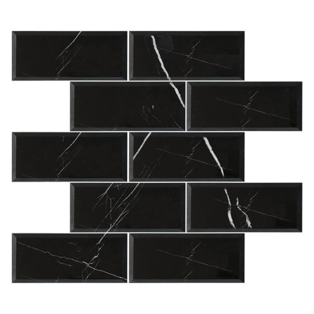 4" x 12" Nero Marquina Black Marble Wide Beveled Mosaic Tile Polished Sample