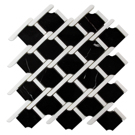 Nero Marquina Black Marble Rope Design with Bianco Dolomite White Strips Mosaic Tile Honed Sample