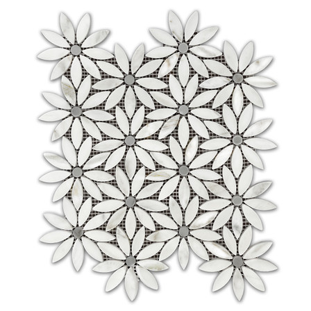 Calacatta Gold Italian Marble with Bardiglio Gray Accent Daisy Flower Waterjet Mosaic Tile Honed