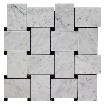 Italian White Carrera Marble Bianco Carrara Basketweave Mosaic Tile with Nero Marquina Black Dots Polished