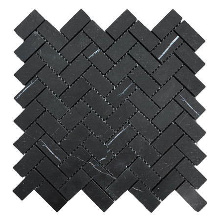 Nero Marquina Black Marble 1" x 2" Herringbone Mosaic Tile Polished