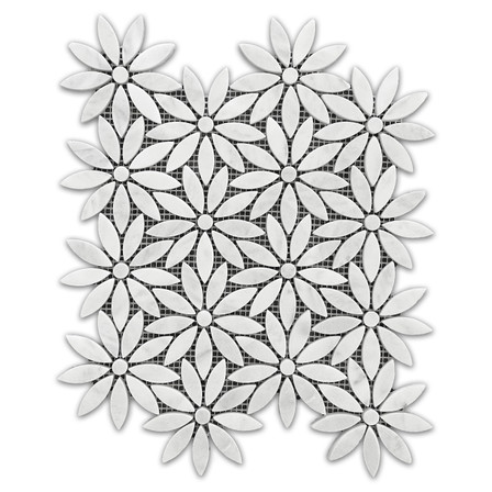 Carrara White Marble With Carrara White Center Accent Daisy Flower Waterjet Mosaic Tile Honed