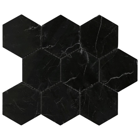 Nero Marquina Black Marble 4" Hexagon Mosaic Tile Honed