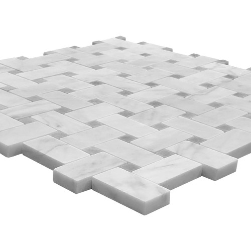 Carrara White Italian Marble Basketweave Polished Mosaic Tile with Bardiglio Gray Dots