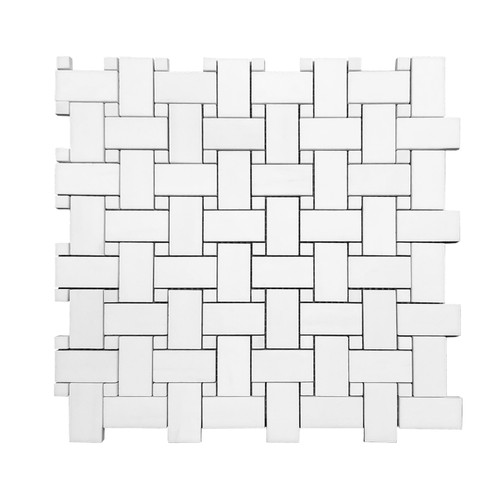 Bianco Dolomite Marble Basketweave Mosaic Tile with Bianco Dolomite Dots Polished Sample