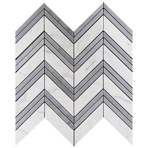 Bianco Carrara Chevron Mosaic Tile with Bardiglio Gray Strips Honed
