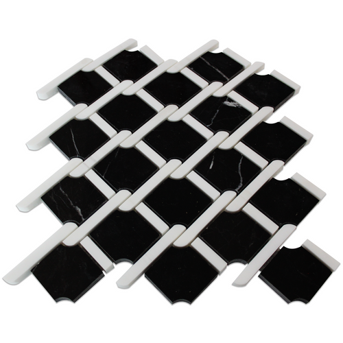 Nero Marquina Black Polished Marble Rope Design with Bianco Dolomite White Strips Mosaic Tile Sample