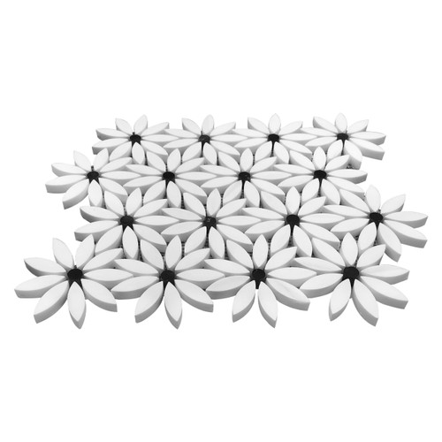 Bianco Dolomite Honed Marble With Nero Marquina Black Accent Daisy Flower Waterjet Mosaic Tile Sample