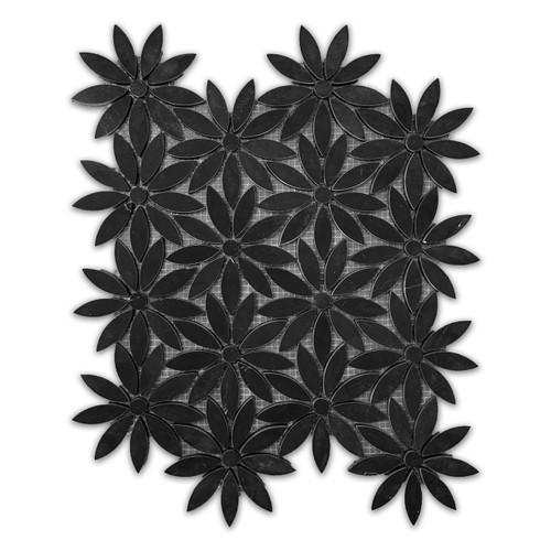 Nero Marquina Black With Nero Marquina Black Center Accent Daisy Flower Waterjet Mosaic Tile Polished