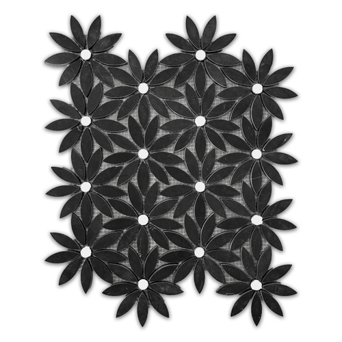 Nero Marquina Black With Bianco Dolomite Center Accent Daisy Flower Waterjet Mosaic Tile Polished