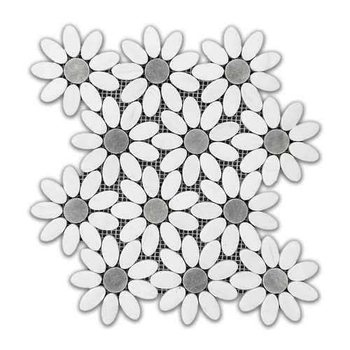 Bianco Dolomite Marble With Bardiglio Gray Center Accent Flower Waterjet Mosaic Tile Polished
