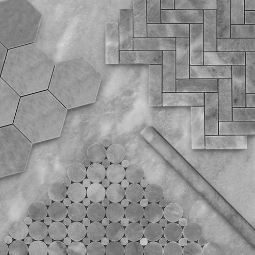 Bardiglio Gray Marble 1" x 3" Herringbone Mosaic Tile Combination