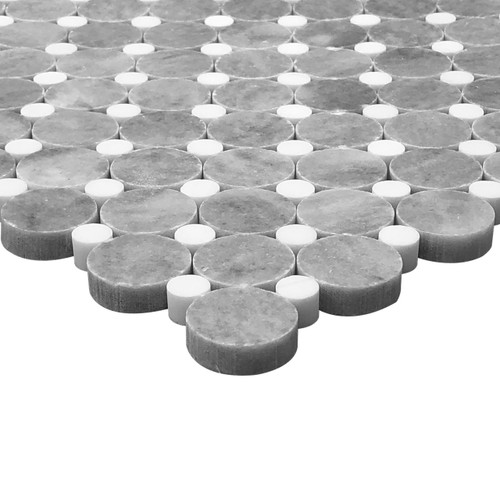 Bardiglio Gray Marble Penny Circles Polished Mosaic Tile with Bianco Dolomite White Circles Sample