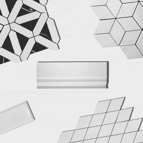 Bianco Dolomite Marble Geometrica Mosaic Tile with Nero Marquina Black Triangles Honed Combination