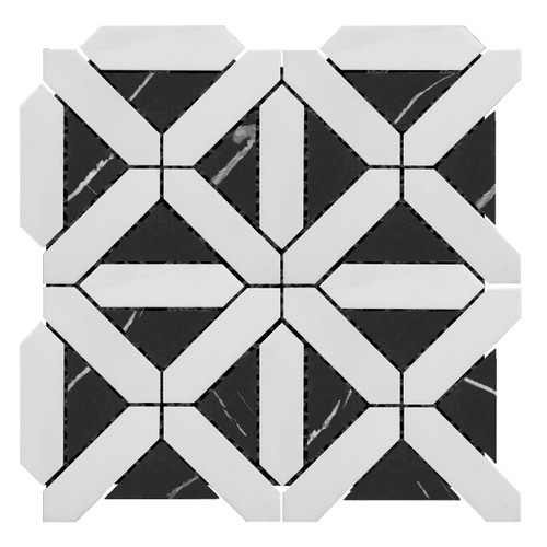 Bianco Dolomite Marble Geometrica Mosaic Tile with Nero Marquina Black Triangles Polished
