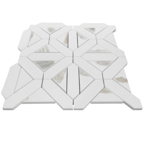 Bianco Dolomite Honed Marble Geometrica Mosaic Tile with Calacatta Gold Triangles