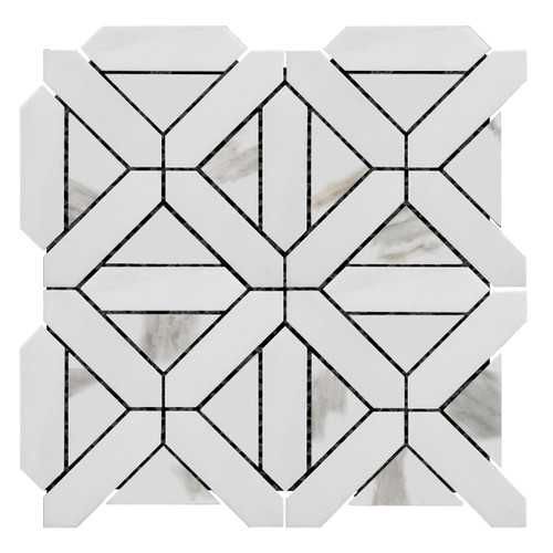 Bianco Dolomite Marble Geometrica Mosaic Tile with Calacatta Gold Triangles Polished