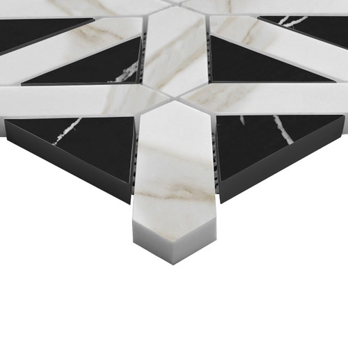 Calacatta Gold Italian Marble Geometrica Honed Mosaic Tile with Nero Marquina Black Triangles
