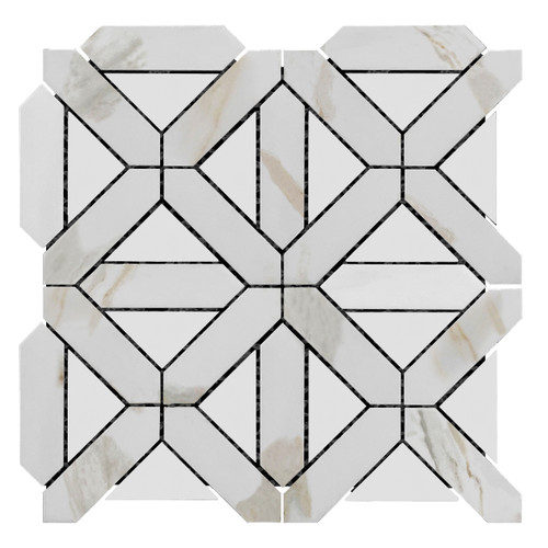 Calacatta Gold Italian Marble Geometrica Mosaic Tile with Bianco Dolomite Triangles Honed