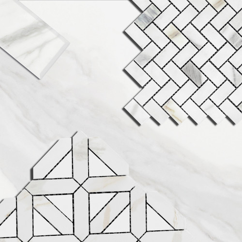Calacatta Gold Italian Marble Geometrica Mosaic Tile with Bianco Dolomite Triangles Polished Combination