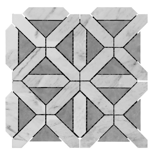 Carrara White Italian Marble Geometrica Mosaic Tile with Bardiglio Gray Triangles Honed