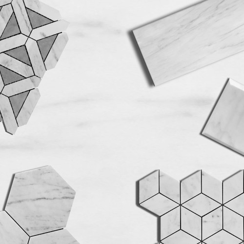 Carrara White Italian Marble Geometrica Mosaic Tile with Bardiglio Gray Triangles Honed Combination