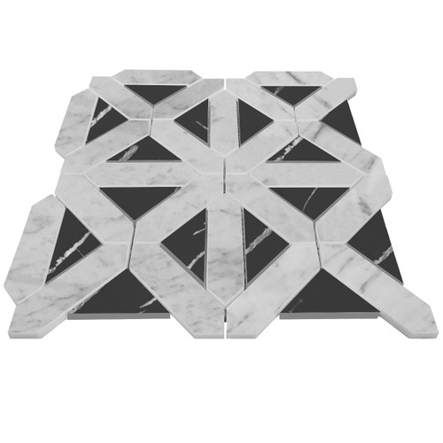 Carrara White Italian Honed Marble Geometrica Mosaic Tile with Nero Marquina Black Triangles