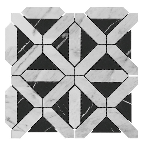 Carrara White Italian Marble Geometrica Mosaic Tile with Nero Marquina Black Triangles Honed