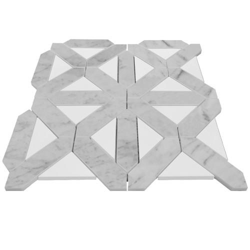 Carrara White Italian Polished Marble Geometrica Mosaic Tile with Bianco Dolomite Triangles