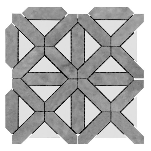 Bardiglio Gray Marble Geometrica Mosaic Tile with Bianco Dolomite Triangles Honed
