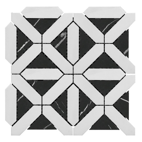 Bianco Dolomite Marble with Nero Marquina Black Triangles Geometrica Mosaic Tile Honed Sample