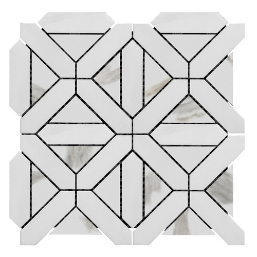 Bianco Dolomite Marble with Calacatta Gold Triangles Geometrica Mosaic Tile Honed Sample
