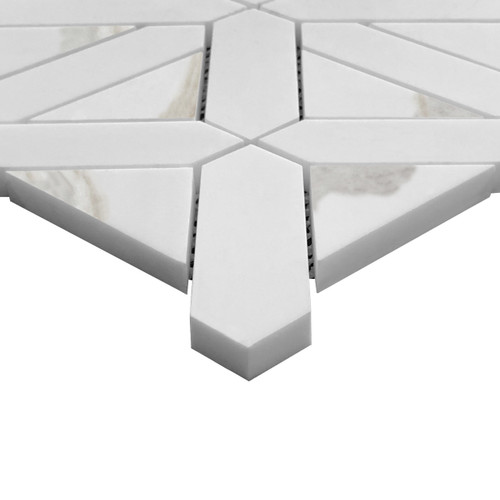 Bianco Dolomite Marble with Calacatta Gold Triangles Geometrica Honed Mosaic Tile Sample