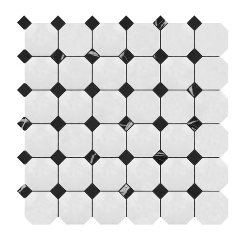 Bianco Dolomite Marble Octagon with Black Dots Mosaic Tile Honed