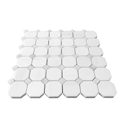 Bianco Dolomite Honed Marble Octagon with Carrara Dots Mosaic Tile