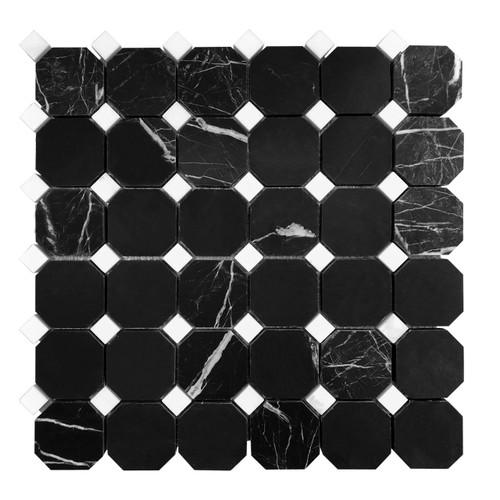 Nero Marquina Black Marble Octagon with Dolomite Dots Mosaic Tile Polished