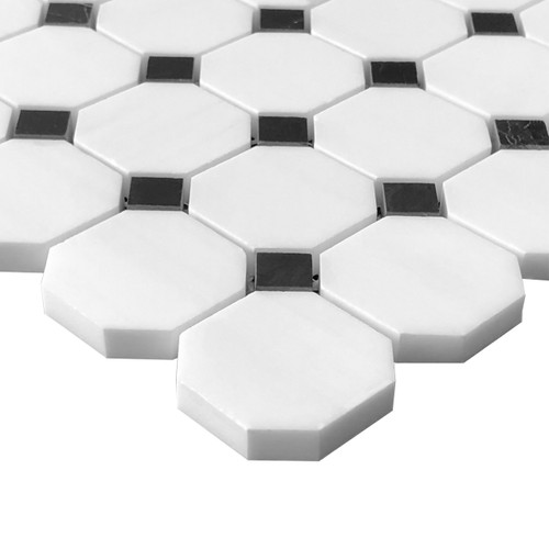 Bianco Dolomite Marble Octagon with Black Dots Honed Mosaic Tile Sample