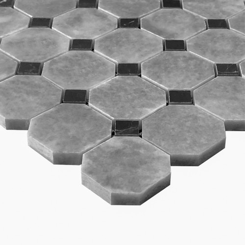 Bardiglio Gray Marble Octagon with Nero Marquina Black Dots Polished Mosaic Tile Sample