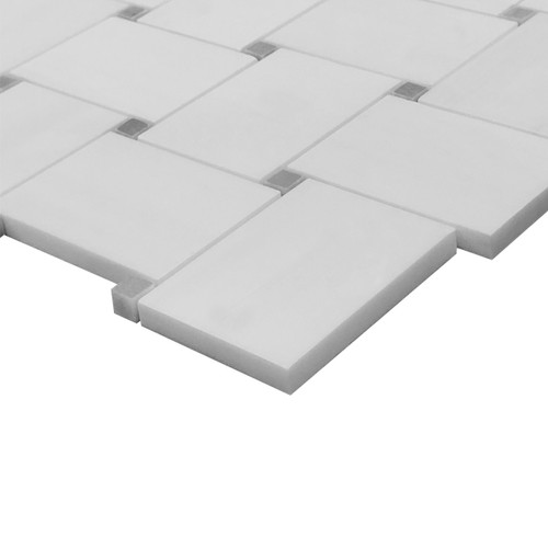 Dolomiti White Marble HonedItalian Bianco Dolomite Large Basketweave Mosaic Tile with Bardiglio Gray Dots